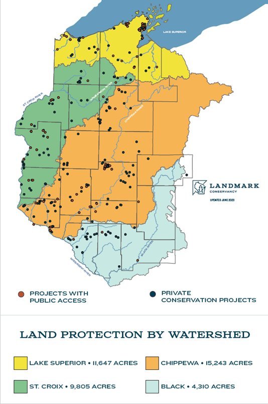 Map showing Landmark Conservancy land protection by watershed: Lake Superior 11,647 acres, Chippewa 15,243 acres, St. Croix 9,805 acres, and Black 4,310 acres