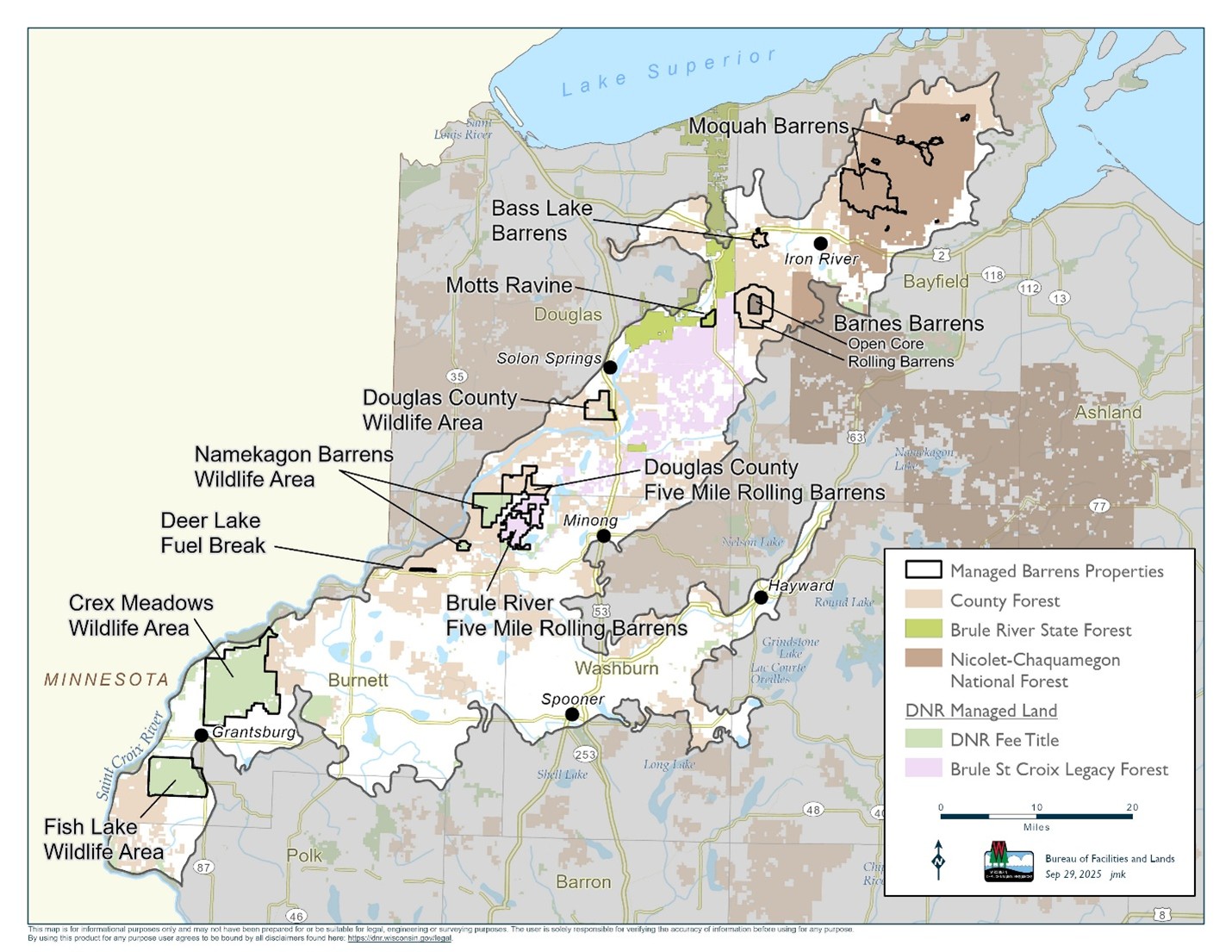 Map showing managed barrens properties across northwestern Wisconsin including Moquah Barrens, Barnes Barrens, and other key restoration sites