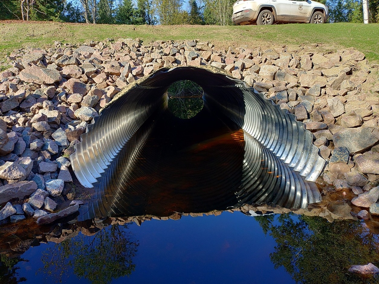 Completed stream simulation culvert at Happy Creek showing natural stream channel alignment