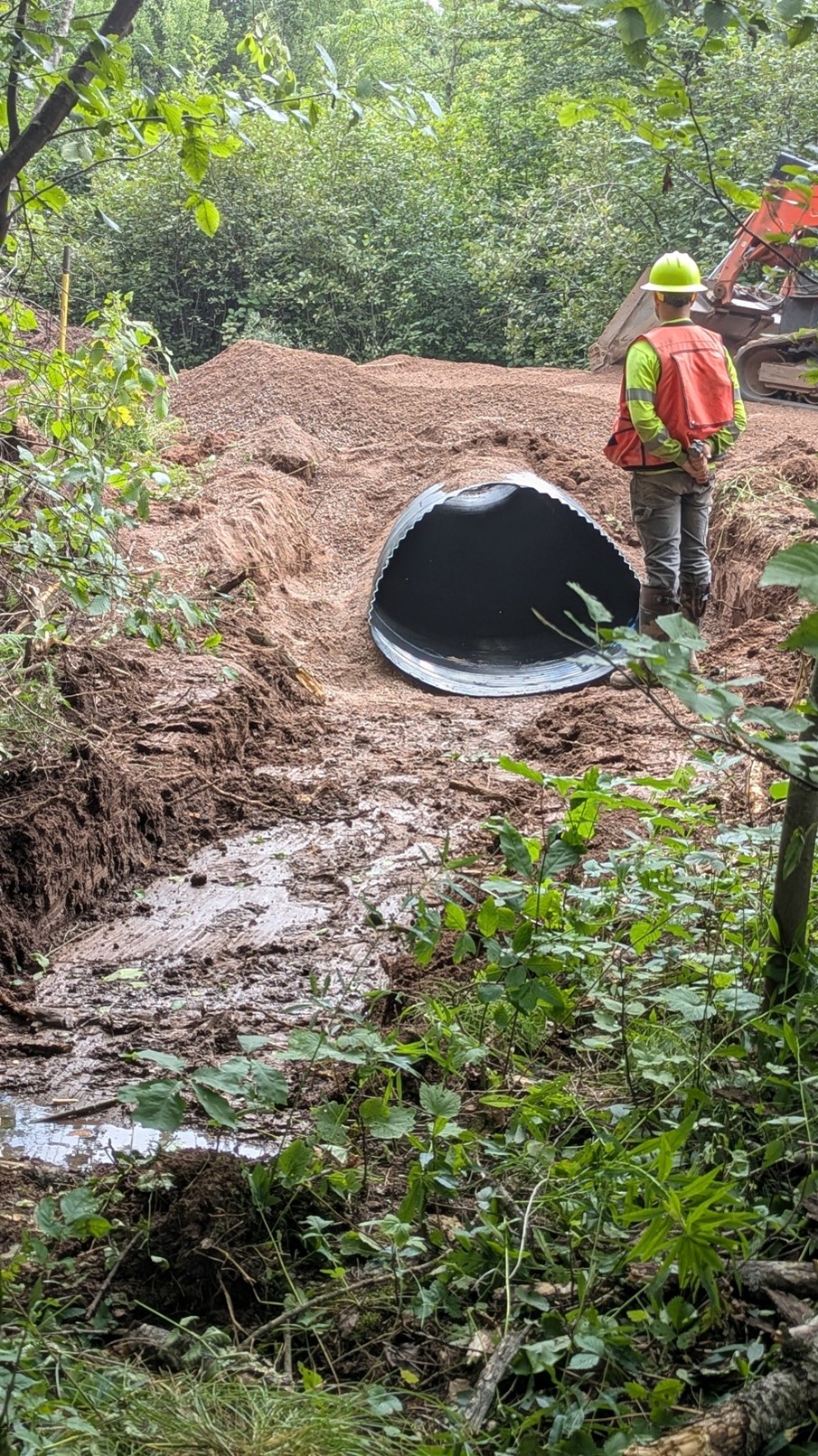 Nearly finished stream simulation culvert at a headwater tributary to Silver Creek near Mellen, Wisconsin