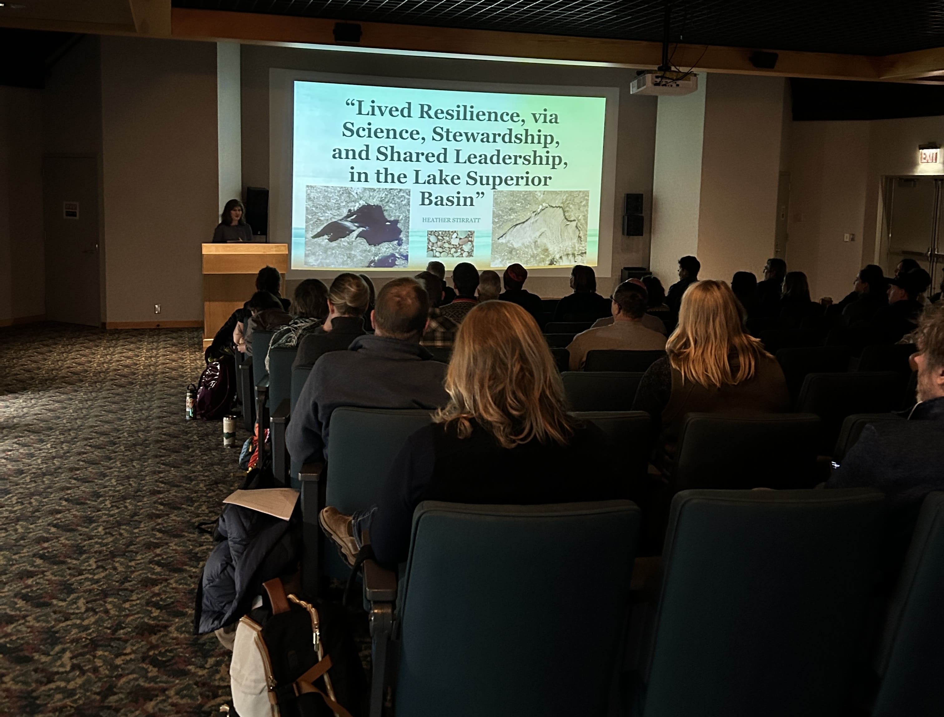 Keynote speaker Heather Stirratt presenting 'Lived Resilience, via Science, Stewardship, and Shared Leadership, in the Lake Superior Basin' at the 2026 LSC Symposium